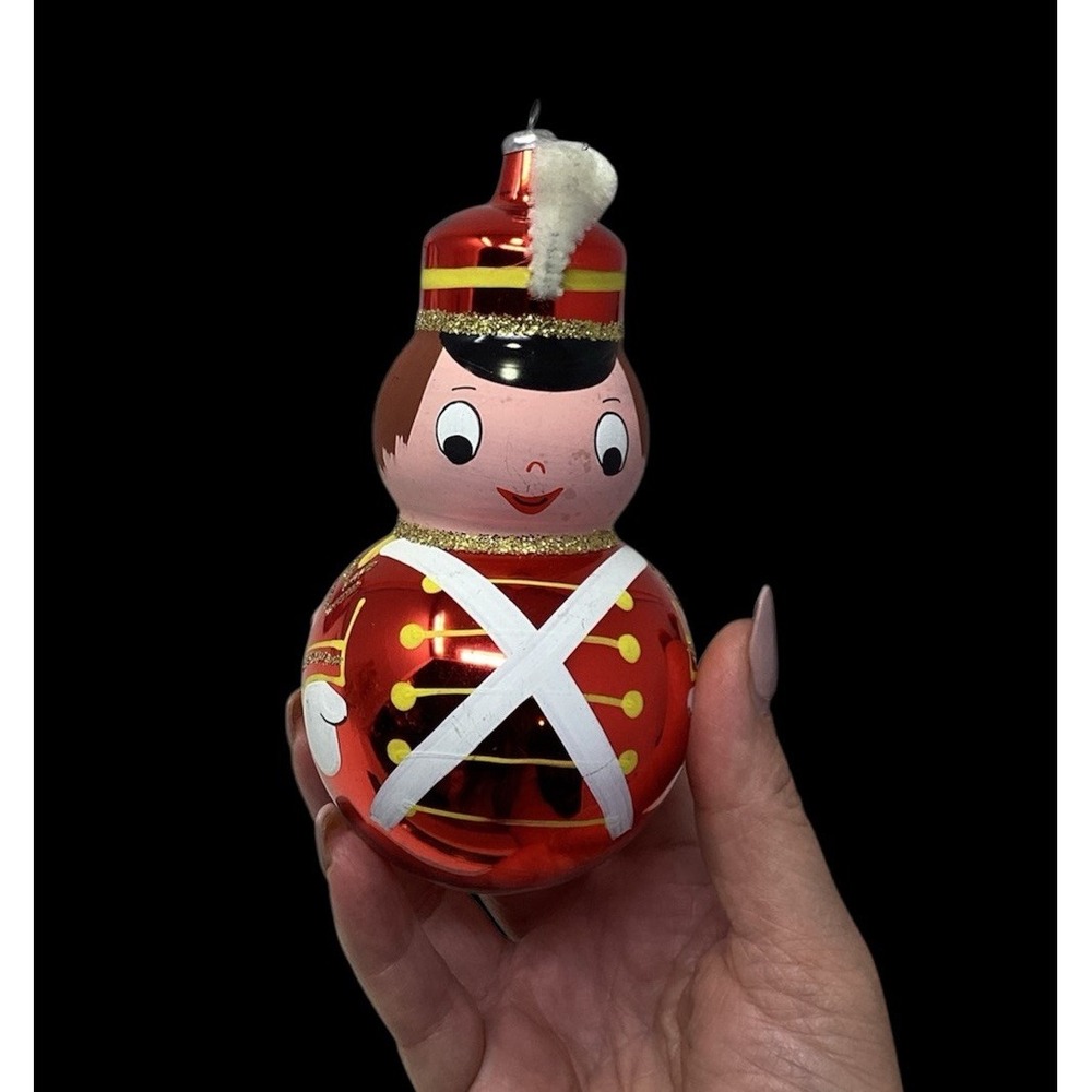 De Carlini  Italy Blown Glass Red Ornament Glitter Figural Round Toy Soldier